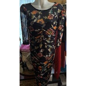 NWT DNA Couture Size Large Ruched Floral Dress Lined 32” Bust Navy Stretchy